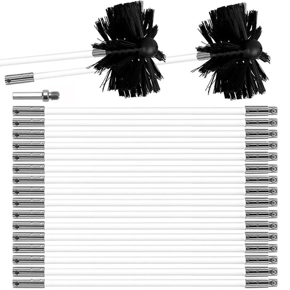 MOCNT Chimney Cleaning Brush Kit Nylon Rotary Duct Vent Cleaning Set Flexible Chimney Sweep Kit Soot Cleaning Rods for Fireplace Dryer Vent 18 Flexible Rods 2 Brush Head 150mm