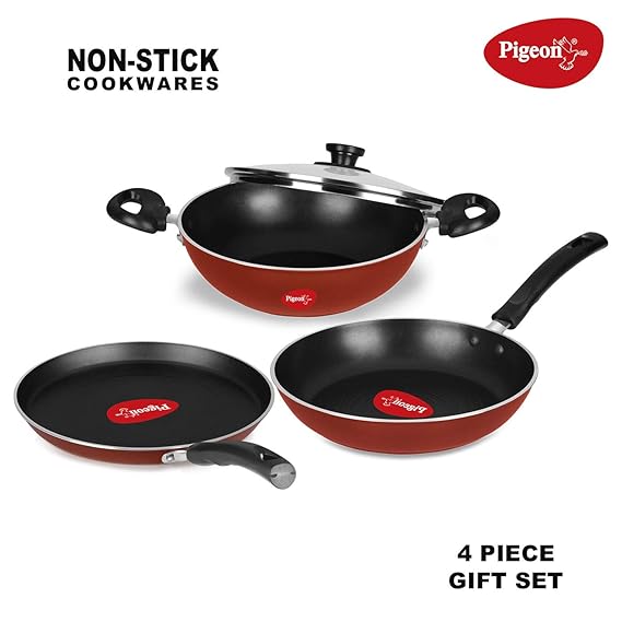 Pigeon by Stovekraft Basics Induction Base Non-Stick Aluminium Cookware Set, Terracotta Brown