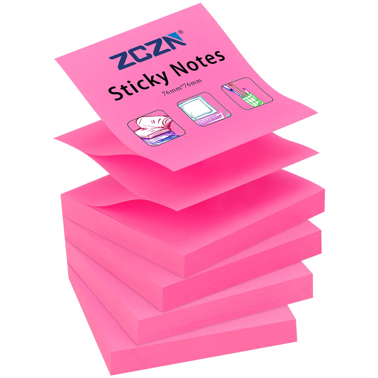 ZCZN Pop-up Sticky Notes 76 x 76 mm, 4 Pads Bright Colour Self-Stick Notes, 100 Sheets/Pad, Rose Red