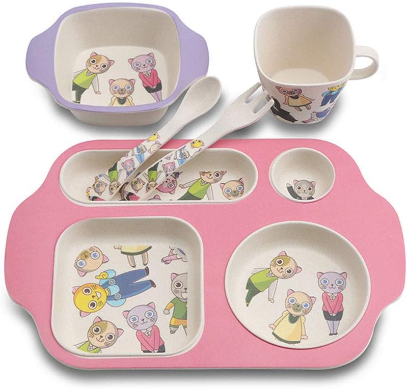 Unbreakable 5pcs Set Cartoon Bamboo Fiber Children Kid Baby Division Dinner Plates Tableware Plate Bowl Cup Spoon Fork Dinnerware (M05)