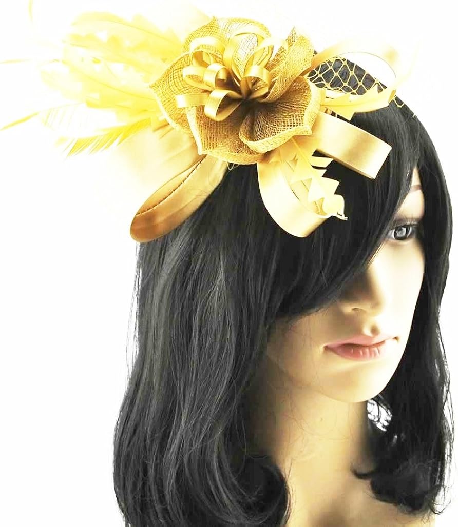 Champagne Gold Fascinator Elegant Ribbons Feathers Mesh Ascot Hair Comb