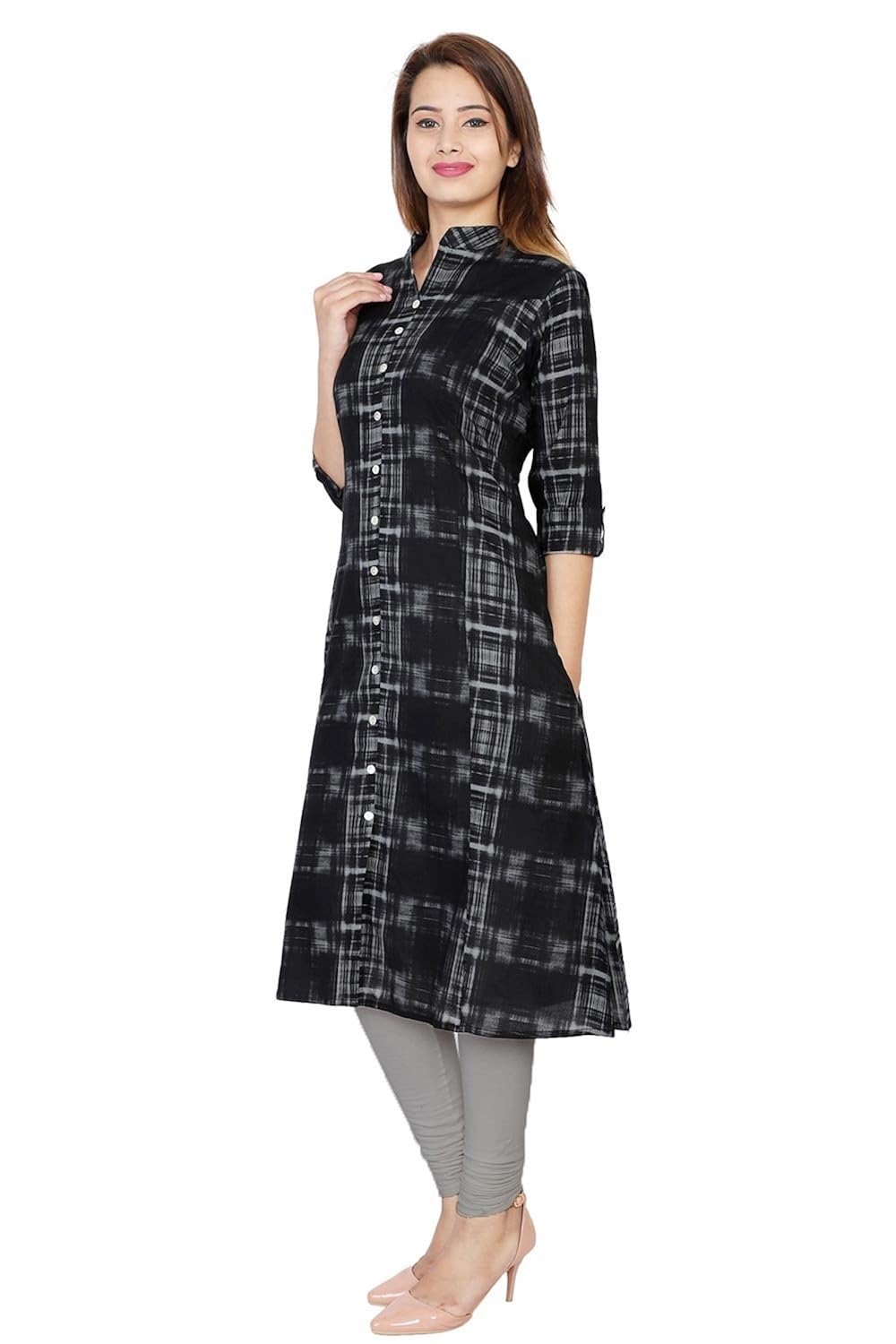 bright cotton women's a-line printed kurti (black)