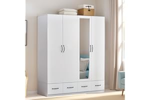 VivaVista 4 Doors Armoire Wardrobe Closet, Bedroom Armoires Cabinet Wooden with Hanging Rod Inside Cabinet and Drawers