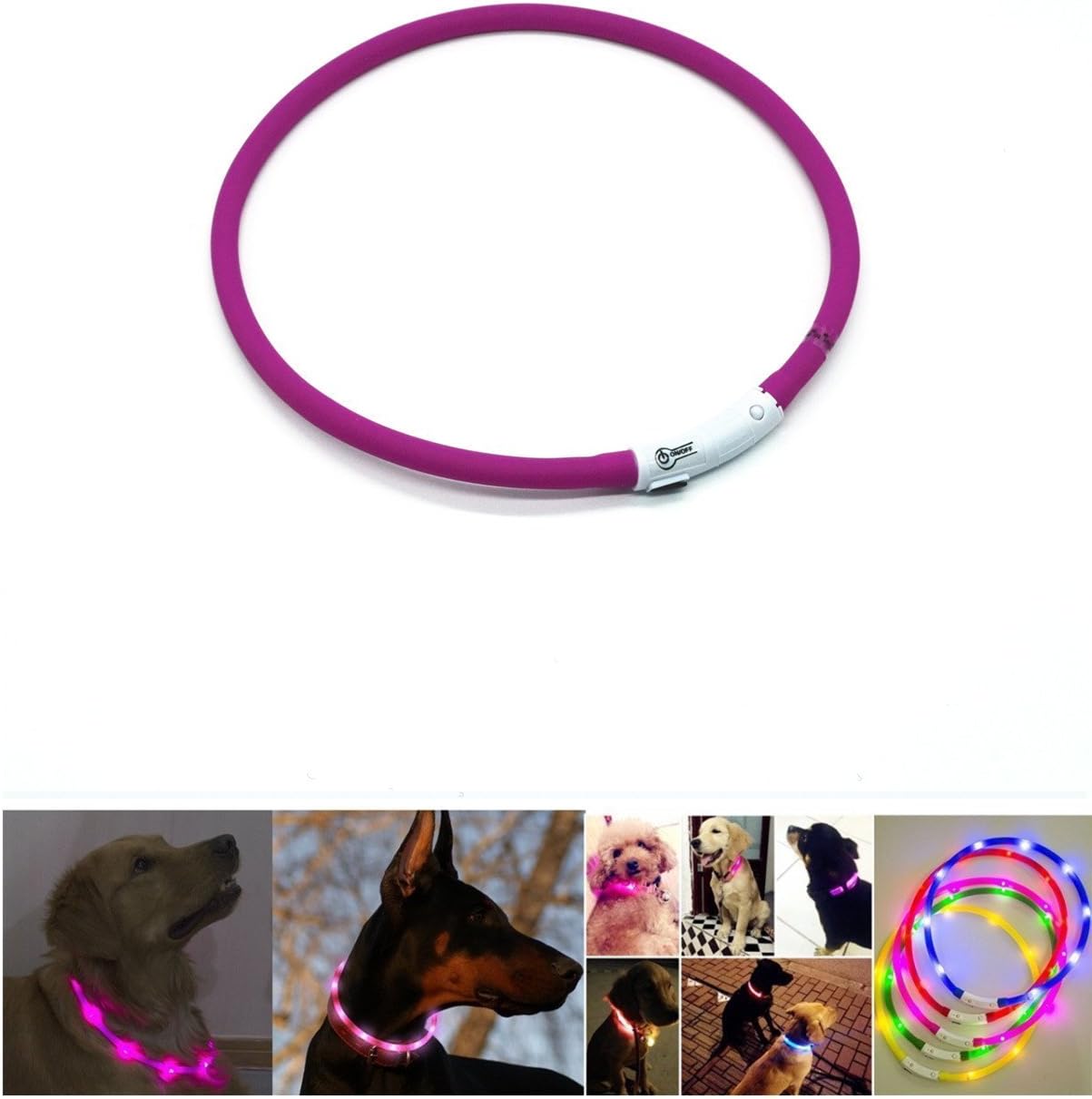 Orchidtent LED Dog Safety Collar,USB Rechargeable Flashing Light Up Night Safety Collar Soft Silicone Waterproof Length Adjustable Pet Necklace Collar-Improved Dog Visibility & Safety - 3 Lights Mode
