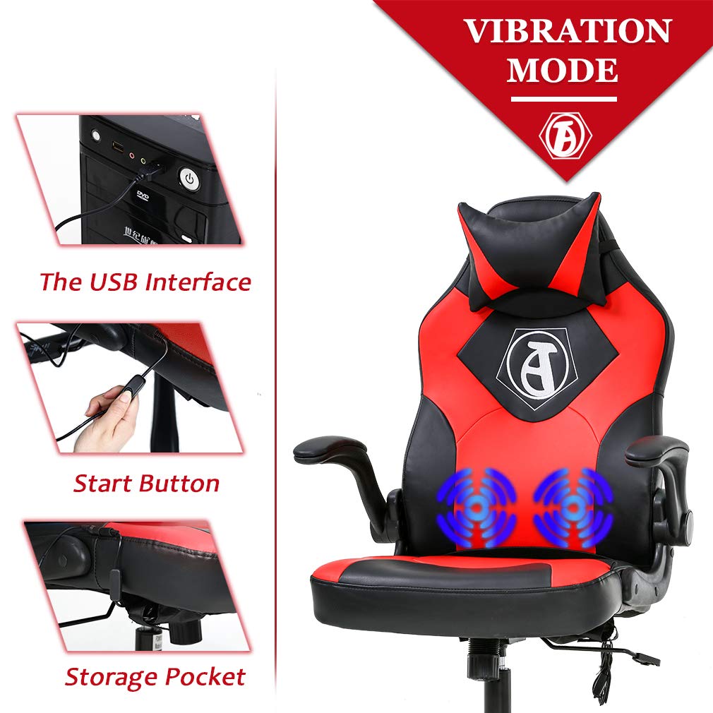 PC Gaming Chair Racing Office Chair Ergonomic Desk Chair Massage Executive PU Leather Computer Chair with Lumbar Support Armrest Headrest Task Rolling Swivel Chair for Women Adults(Red)