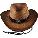 Men & Women's Straw Sun Hat Cowboy Style Garden Hat Wide Brim Summer Hat with Wind Lanyard with Wide Belt Khaki
