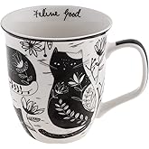 Karma Gifts 16 oz Black and White Boho Mug Cat - Cute Coffee and Tea Mug - Ceramic Coffee Mugs for Women and Men
