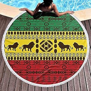Leo-Shop Round Beach Towel Blanket African Traditional Pattern Lions Rasta Jamaica ExtraBig Outdoor Travel SwimBlanket Thin Yoga Mat