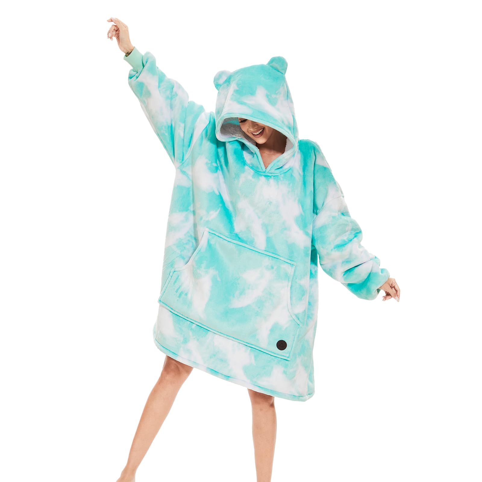 THREE POODLE Wearable Blanket Hoodie for Women, Oversized Sherpa Sweatshirt Blanket for Adults Men, Warm Cozy Tie-dye Green Hooded Blanket, Gifts for Teen Girls Women Mom Sister Image