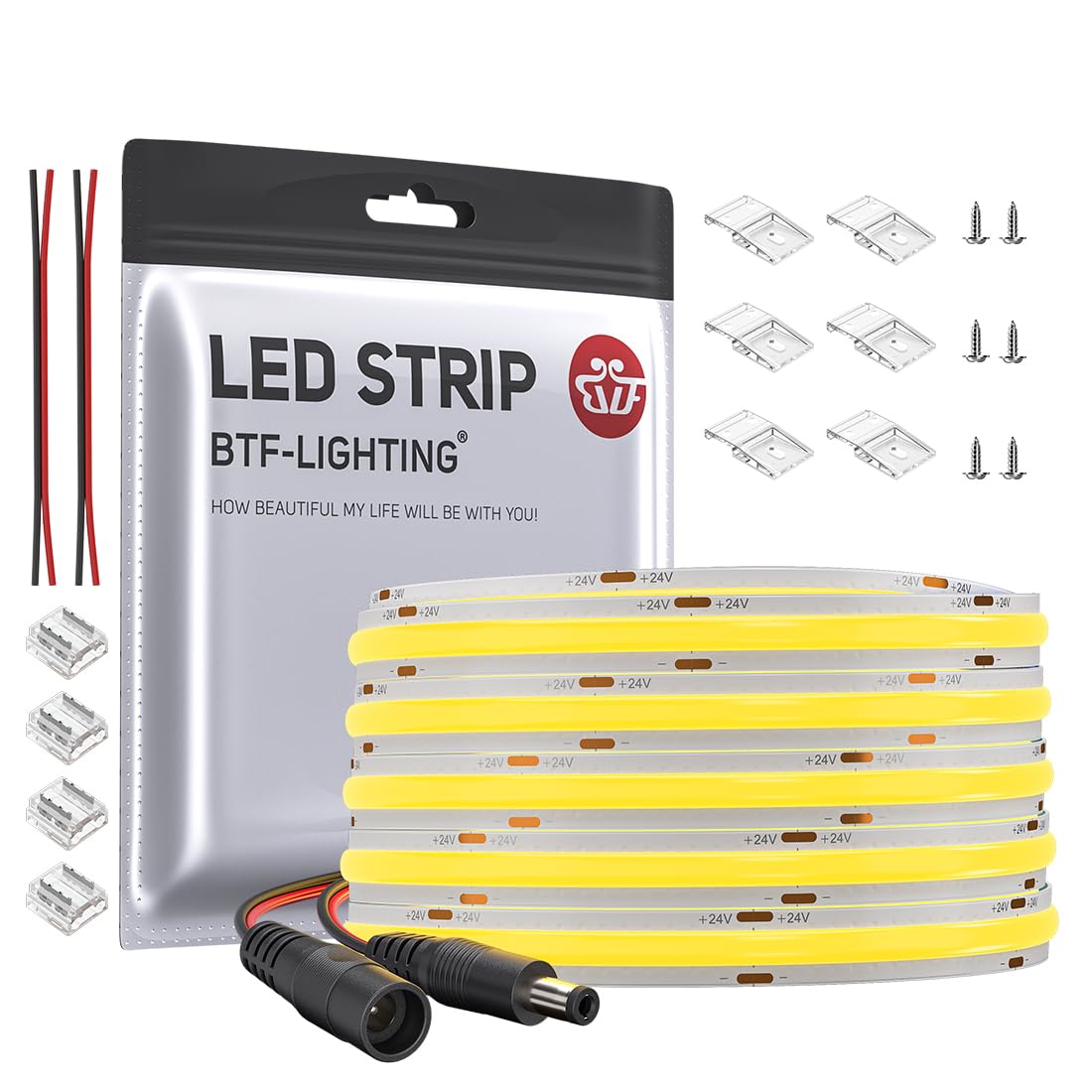 BTF-LIGHTING COB LED Strip Light 10M 528LEDs/m FCOB Dimmable Light Uniformity Flexible High Density Warm White 24V 10mm Width LED Tape for Bedroom Kitchen Home Interior Decoration(Only LED Strip)