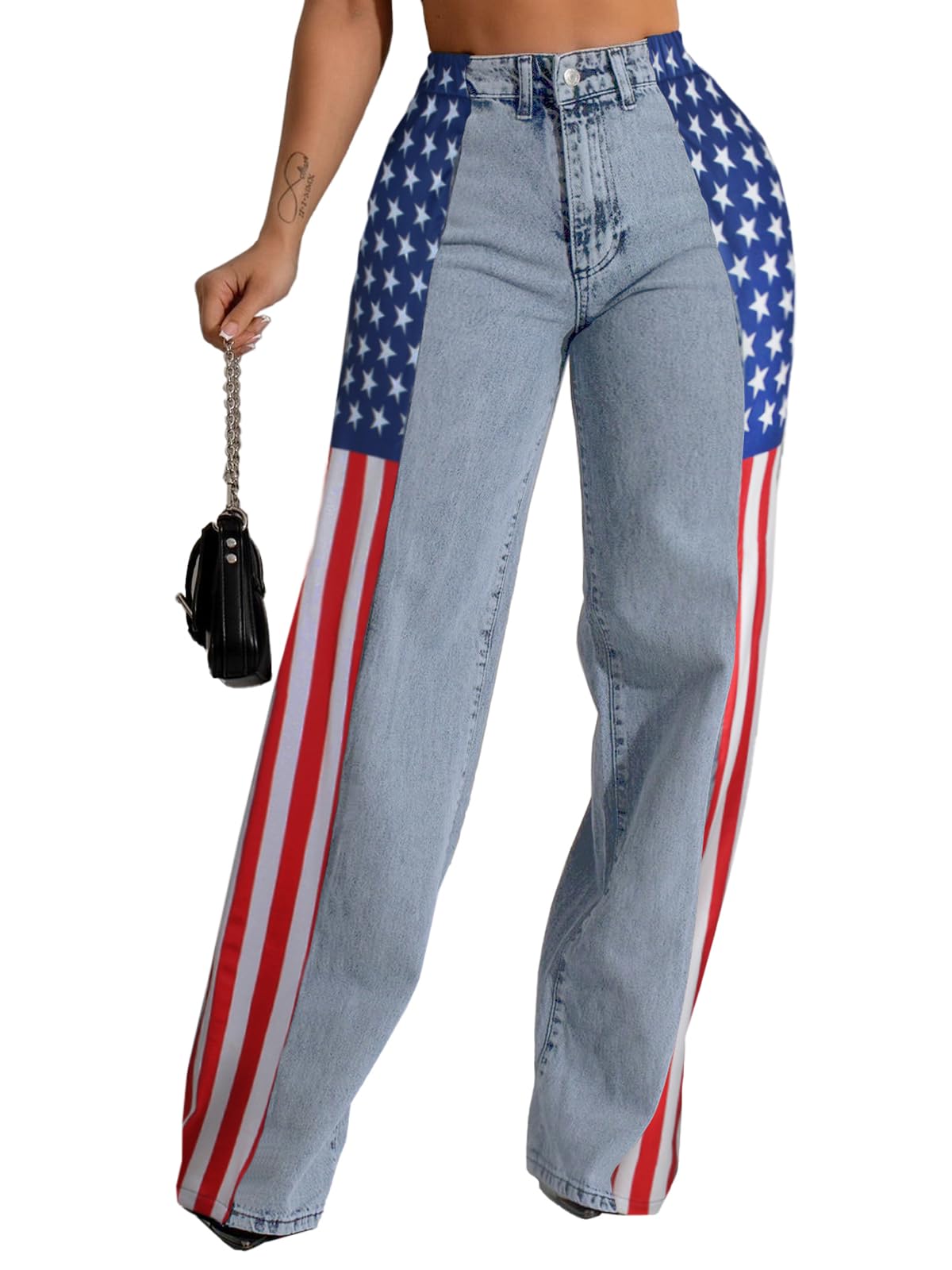 Photo 1 of Angsuttc Womens Baggy Jeans American Flag Color Contrast Slim-fit High Waisted Wide Leg Denim Pants Light Blue Flag S