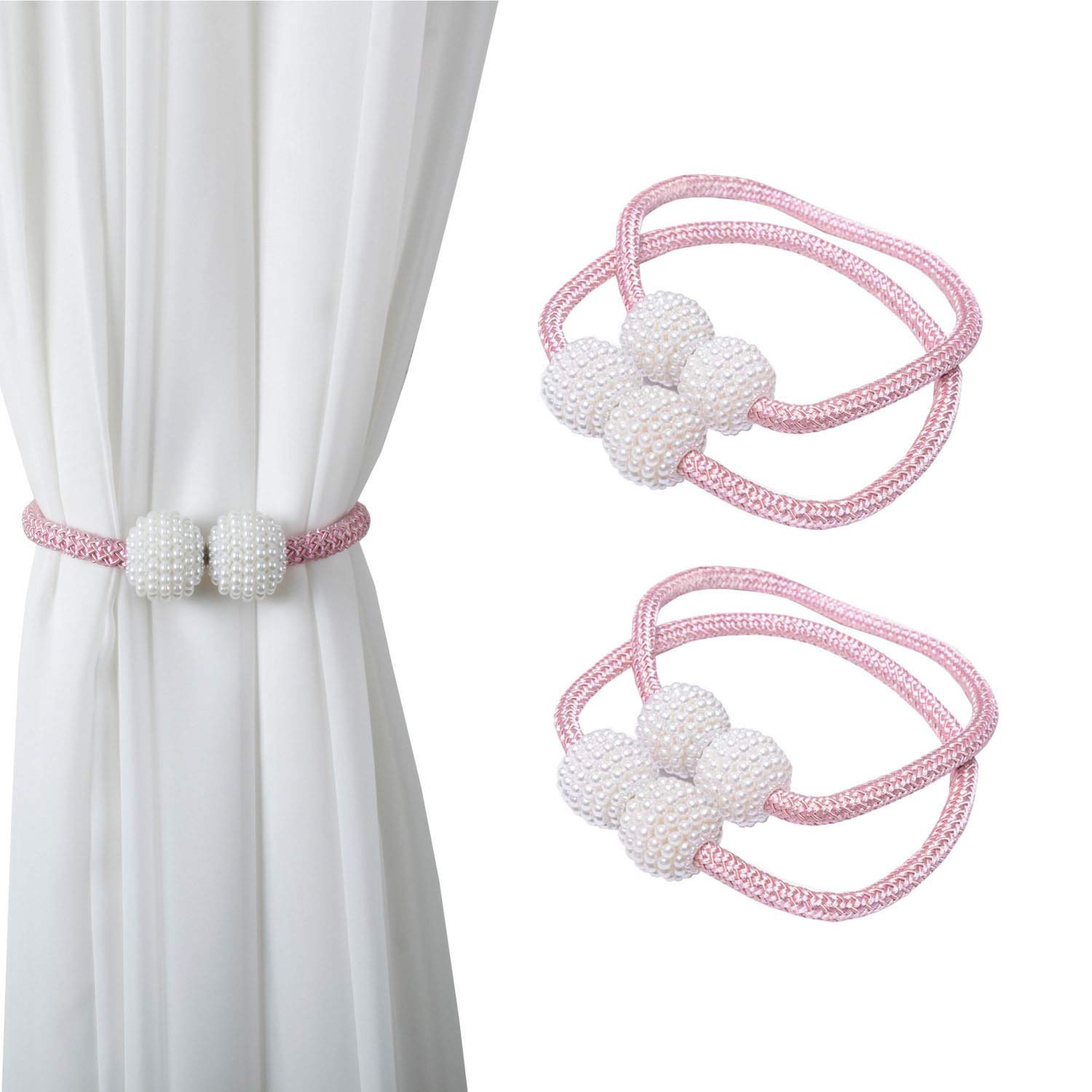 Magnetic Curtain Tie Backs & Clips - Rope Holders with Buckles for Home, Office & Hotel Windows (4-Pack, Pink)
