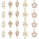 BENECREAT 20Pcs 5 Style 18K Gold Plated Links Flat Round Star Brass Micro Pave Cubic Zirconia Links Teardrop Heart Shape Connecter for Necklace Bracelet Making, Festival Gift