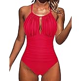 Hilor Women's Slimming One Piece Swimsuits Halter High Neck Tummy Control Bathing Suit Sexy Ruched Monokini Swimwear