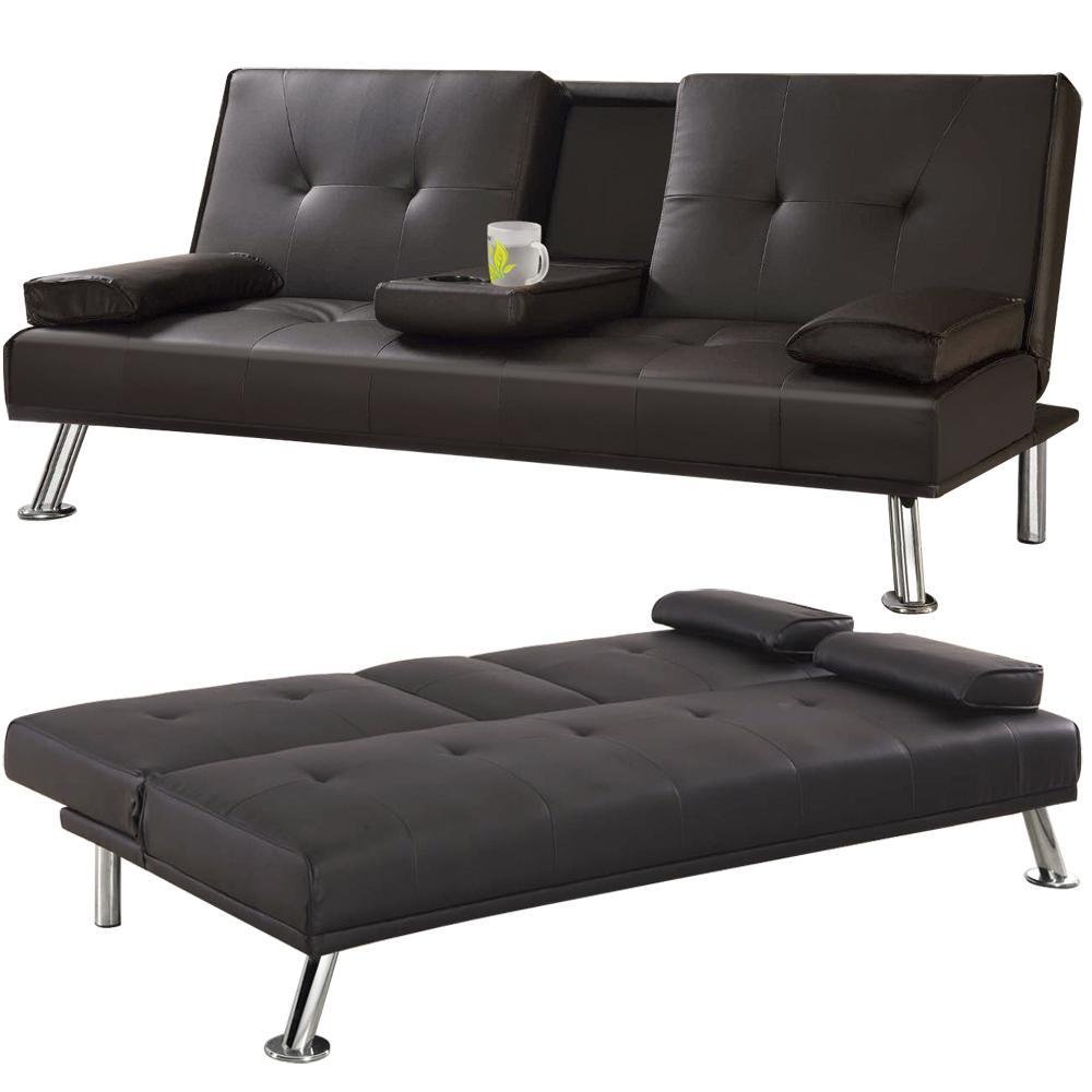Yaheetech 3 Seater Faux Leather Sofa Bed/Sofabed with Cup Holders