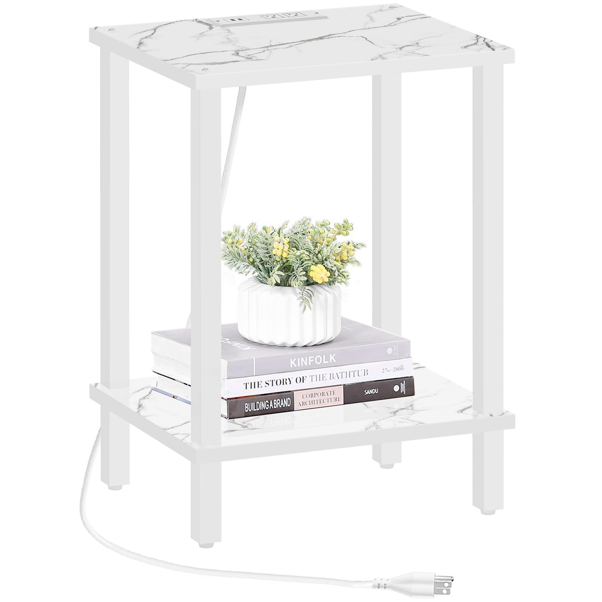 TUTOTAK End Table with Charging Station, Small Side Table with Outlets, Nightstand Bedside Table, 2-Tier Storage Shelf for Small Space, Living Room, Bedroom, Marble White TB01BMW040
