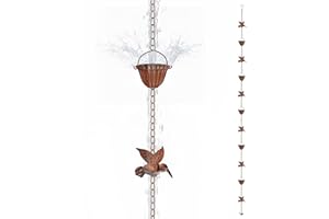 MENGBEI Solid Rain Chain for Gutters – 8.5ft Cast Iron Rain Catcher Chain, Decorative Rain Chimes Outside with 12 Cups & Hummingbird Decor