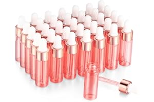Furnido 35 Pack,1/6 oz(5ml) Pink Essential Oils Dropper Bottle,Empty Glass Sample Vials with Glass Tube,Rose-Golden Caps For Travel,Perfume Aromatherapy Liquid Container-Dropper&Funnel Included