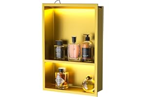 Bernkot Stainless Steel Shower Niche Gold 18" X 12" wiht Shelves Led Shower Niche for Bathroom Wall Storage No Tile Need Niches Shower Built in Shelf