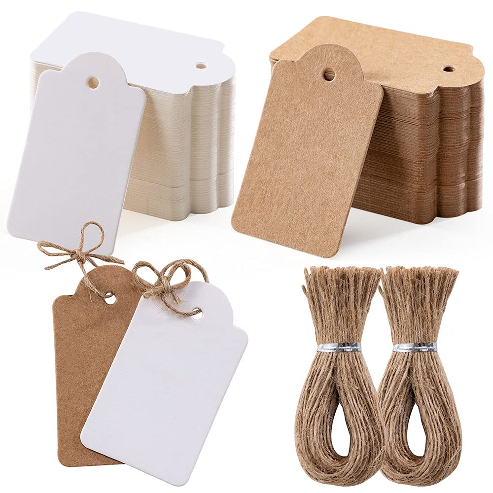 Toocoo 200pcs Premium Gift Tags with String - 100pcs White and 100pcs Brown, Double-Sided Available Price Jewelry Tags for Wedding Christmas Day Thanksgiving