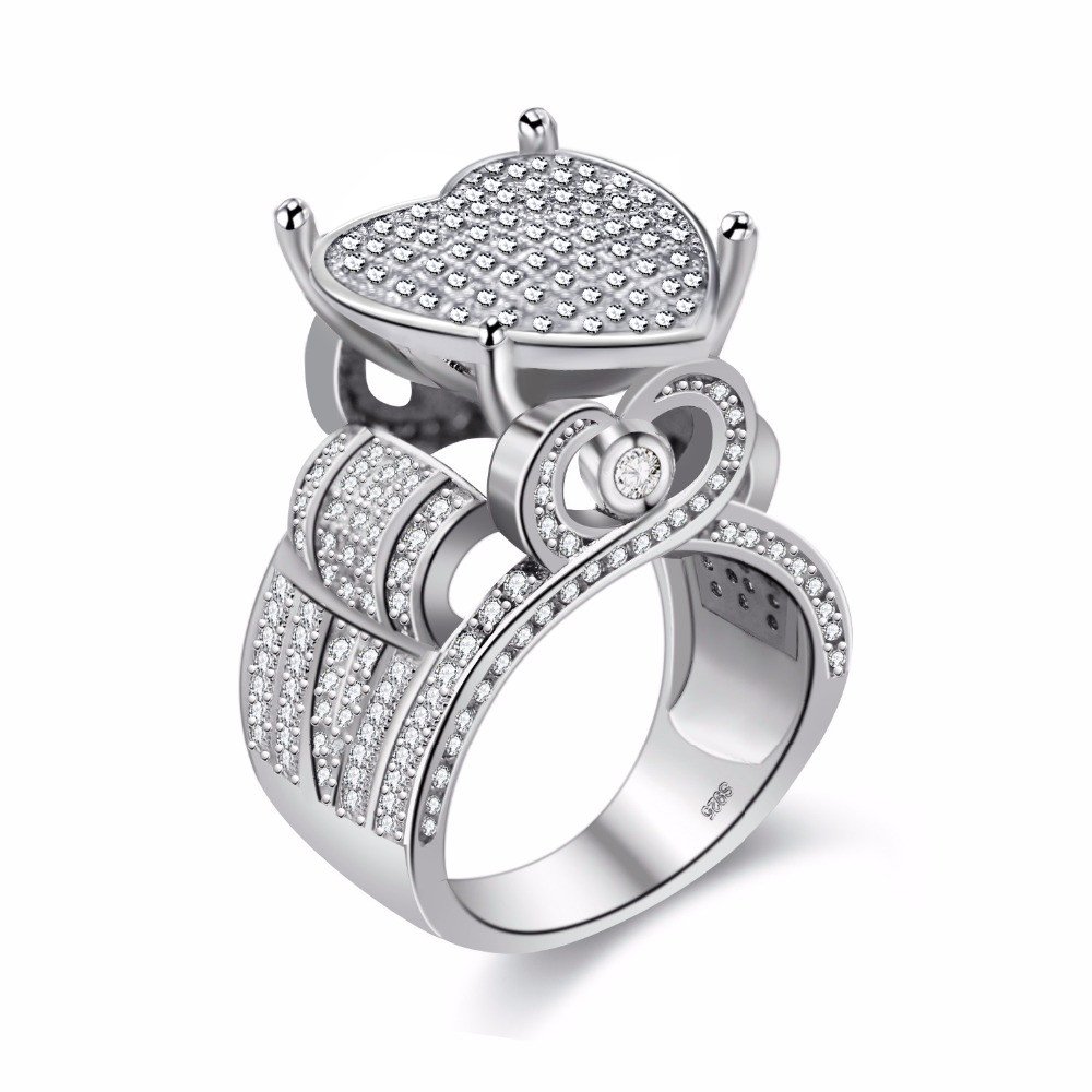 Uloveido Girl's Round Brillant Cut Created Diamond Heart Elevated Cluster Ring, Female Platinum Plated Wide Eternity Band Wedding Engagement Jewelry (Size S) Y426