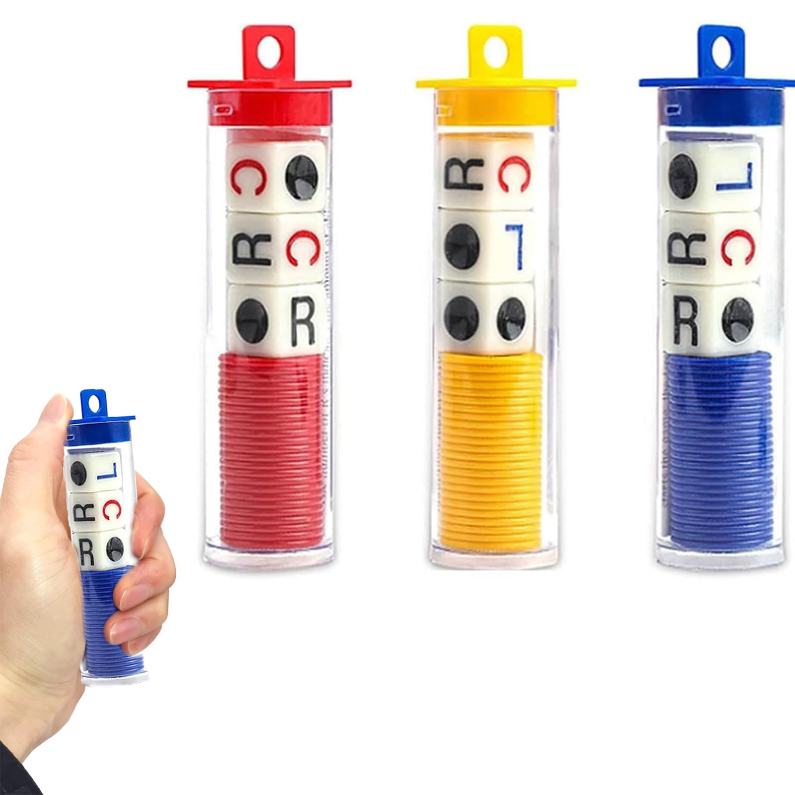 WPNCYK 3 Tubes Left Right Center Dice Game, 3 Color Interactive Toy 6 Sided Round Corner Dice Set Fun Games with 9 Dices 72 Chips, for School Family Camping Party Picnic Game Kids