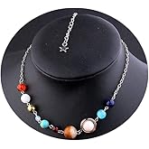 HUNO Handmade Galaxy Solar System Universe Eight Planets Guardian Star Natural Stone Beads Pendant Necklace Womens Jewelry