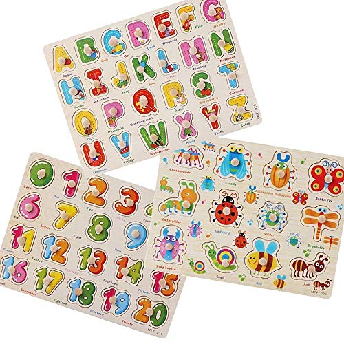Popmall Puzzles for Toddlers, Wooden Letter Puzzle with Knobs and Insect Kids Wooden Puzzles for Toddlers - Numbers, Alphabet and Insect Puzzle