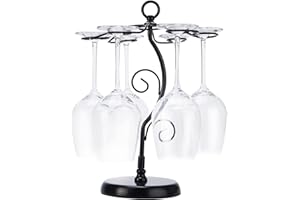 Countertop Wine Glass Holder - Freestanding Tabletop Stemware Storage Rack Metal Glasses Display Rack Black with 6 Hooks