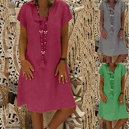 Sunmoot Casual Linen Loose Plain Simple Dress for Women, Plain Simple Solid V-Neck Plus Size Midi Dress - Thumbnail 4