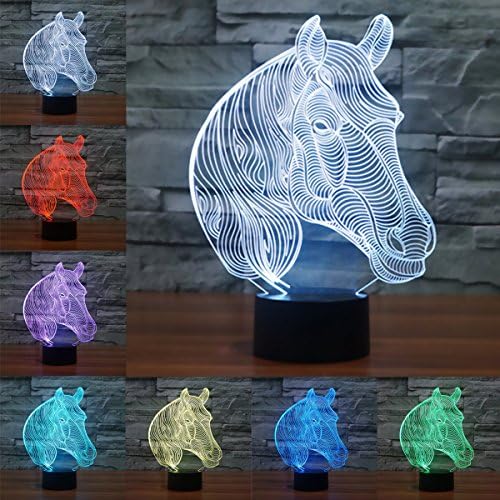 3D LED Optical Illusion Lamps Night Light, LSMY 7 Colors Touch Art Sculpture Lights with USB Cables Bedroom Desk Table Decoration Lamp for Kids Adults, Animal Horse Head