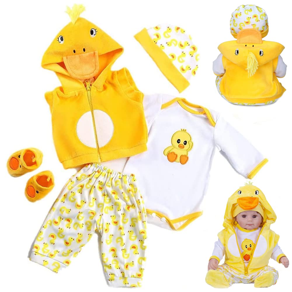 Reborn Baby Doll Clothes 20inch Cute Yellow Duck Outfit Accessories Set for 17-22 Inch Reborn Dolls Baby Clothing with Coat, Hat, Jumpsuit ,pant and Socks 5Pcs