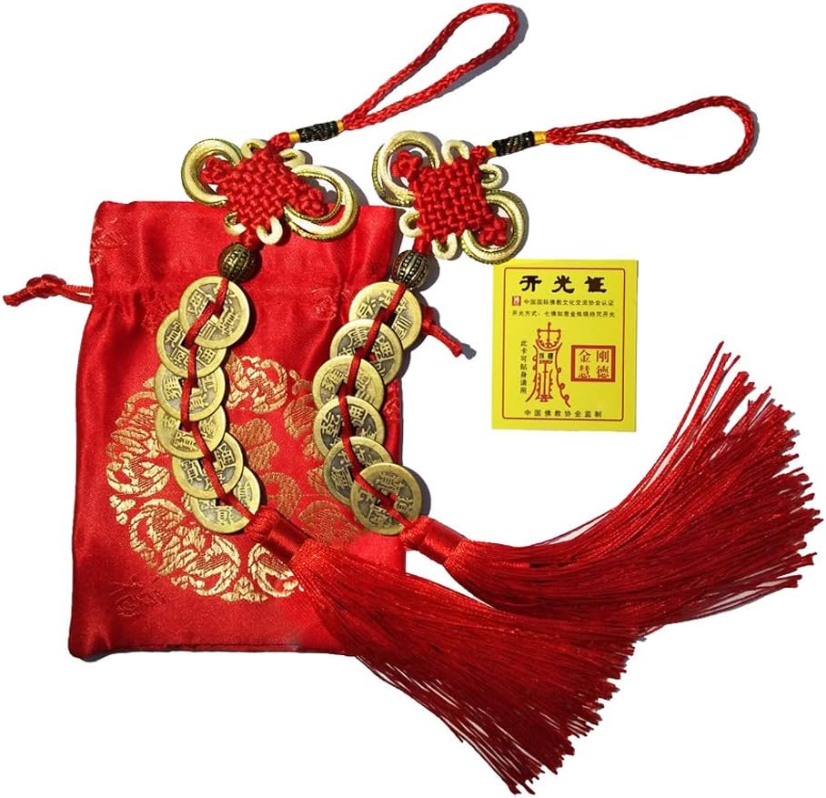 Homer-wa Chinese Feng Shui Money Coins Lucky with Handmade Red Enless Knot Decoration for Wealth and Success Chinese New Year - 2 Sets of 6 Coins Office Decorations