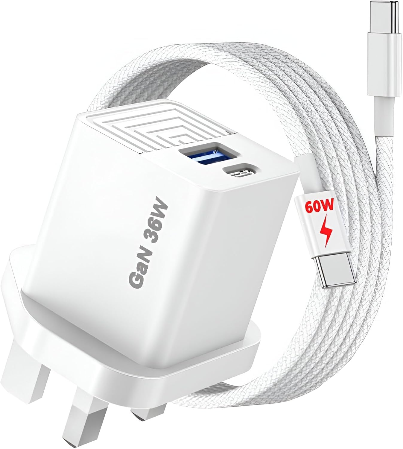 (36W) For iPhone 17e/17 Charge Plug 36W GaN USB C/A UK Mains Charger Plug 60W USB C Cable iPhone 17 ProMax/16 ProMax/15 ProMax iPad Type C To C Fast Changing Cable MFi Specs Dual Port UK Wall Adapter