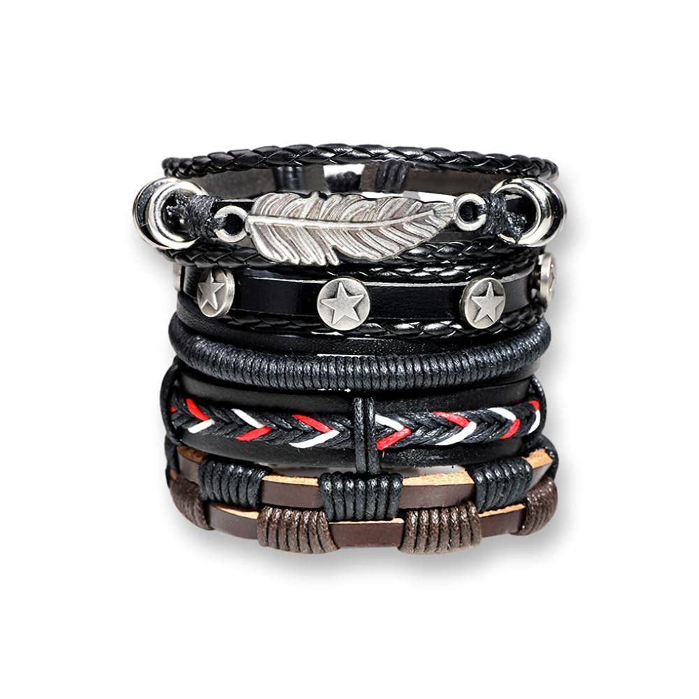 Jewellbox Set of 5 Black and Brown Adjustable Leather bracelets for Men and Women - Gift for Him and Her