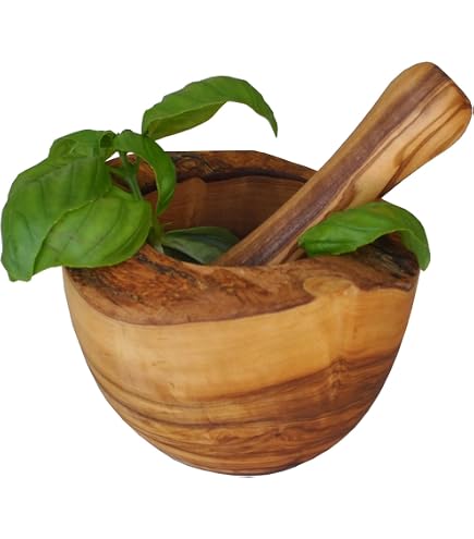 Olive Wood Mortar And Pestle - Medium Flat, Handmade, For Crushing Spices & Garlic (5" OD)