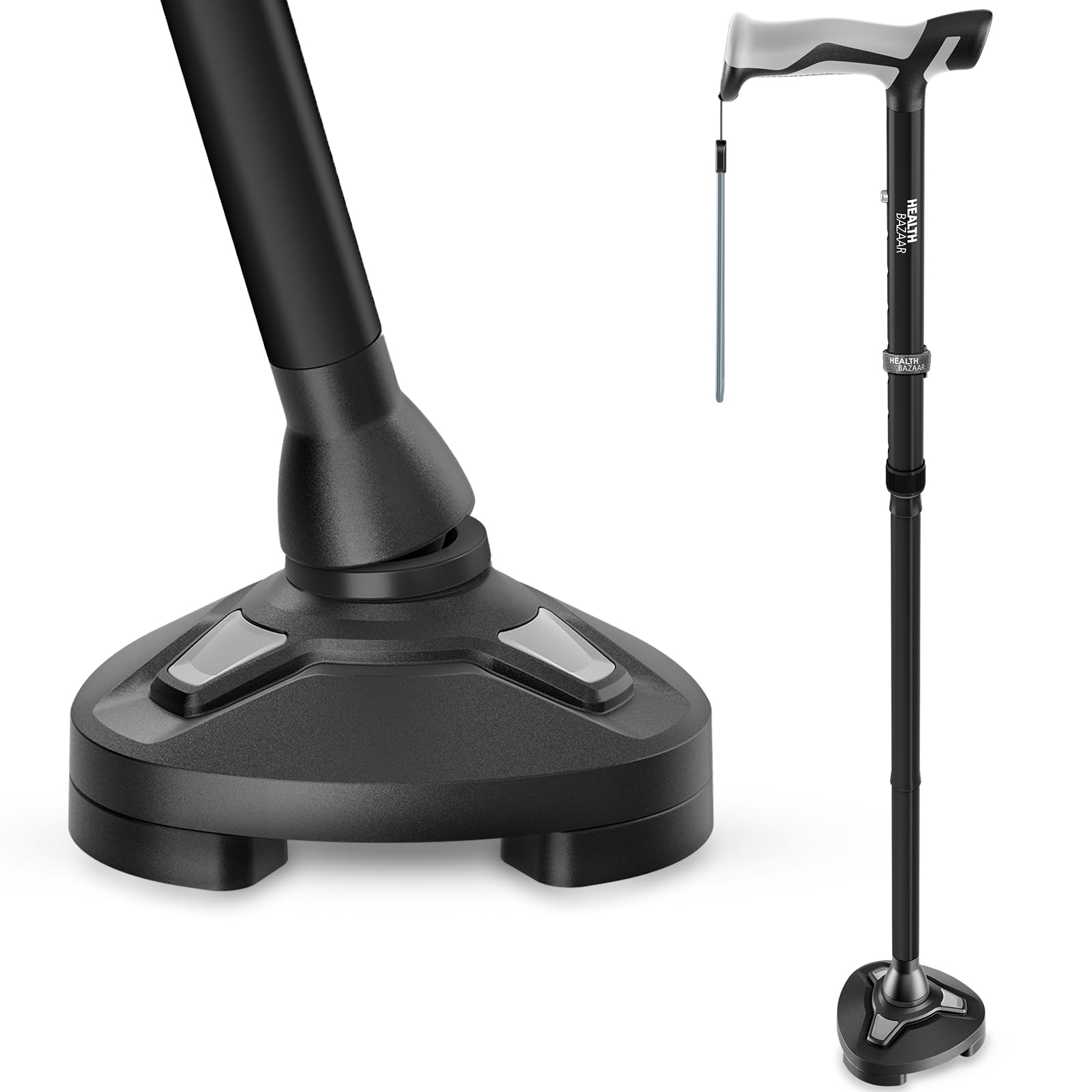 Photo 1 of HEALTHBAZAAR Walking Cane for Men & Women - Self Standing Pivot Cane, Adjustable, Foldable Walking Sticks for Seniors & Adults with Wrist Strap, Travel Bag | TRIGRIP (Black)