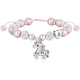 C-leen Unicorn Unicorn Bracelet Gifts for Girls Kids - Pink Pearl and Rhinestone Balls Heart Initial Unicorn Bracelets Adjustable Jewelry CZ Unicorn Bracelet Birthday Gifts for Teens