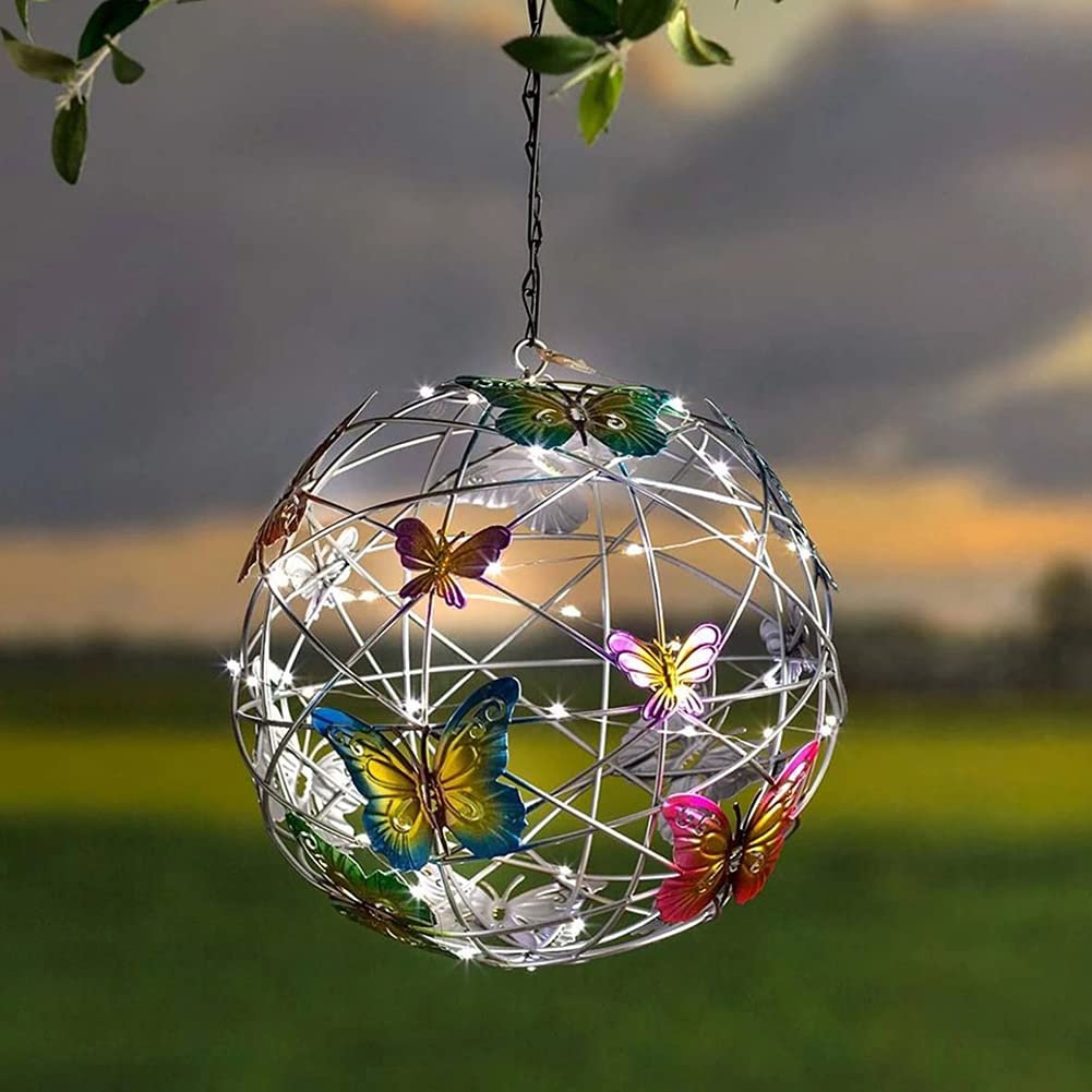 Uposao Solar Butterfly Ball Light Outdoor Garden Ball Hanging Solar Lights LED Waterproof Art Lanterns for Garden Patio Porch