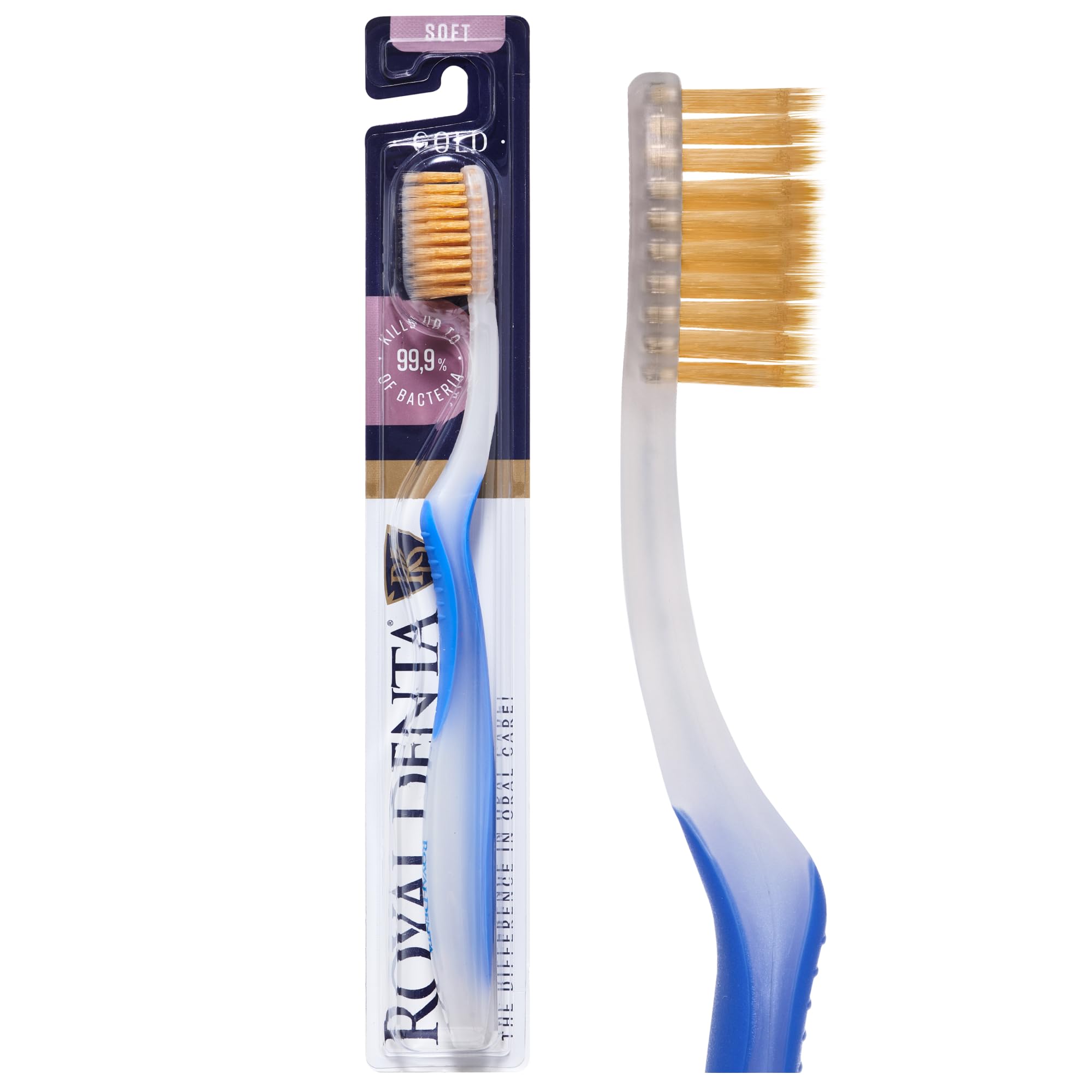 Royal Denta Soft Toothbrush for Adults, Dual Length Soft Bristles for Sensitive Teeth & Gums, Gold-Infused Manual Toothbrush for Whitening, Flossing and Braces, Ergonomic Grip Handle (Blue)