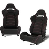 DNA MOTORING 2PCS Racing Bucket Seats with Adjustable Backrest, Single Adjuster and Rail, Compatible with 4 Point Harness, Woven Fabric, Black/Red, RS-JBR-005-BK-RD
