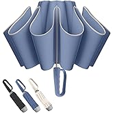 Trenovo 50in Inverted Folding Travel Umbrella – Windproof 10Ribs Upside Down Umbrella with Carabiner Handle, Rain Sun Protection for Women Men (Black)