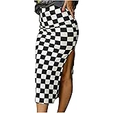 WDIRARA Women's Checkered Bodycon Midi Skirt Split Thigh High Waisted Pencil Skirts