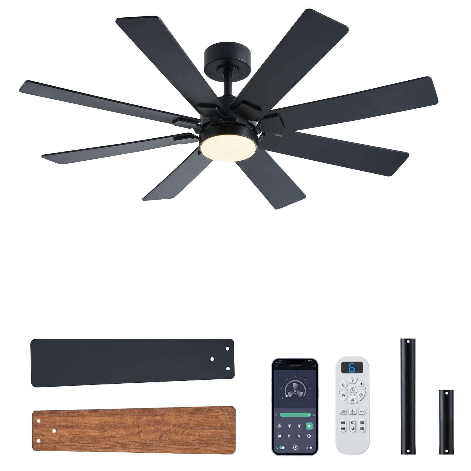 Photo 1 of KNUN 48 Inch Ceiling Fans with Lights and Remote/APP Control, Low Profile Ceiling Fan, 8 Blades?LED Dimmable, Reversible DC Motor, Noiseless Black Ceiling Fans for Bedroom Indoor/Outdoor Use