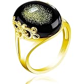 SWBRJ Black Obsidian Ring for Women, 14K Gold Plated Natural Crystal Stone, Genuine Gemstone