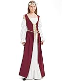 Padama Renaissance Costume Women Medieval Dress Long Sleeve Black Red Green Chemise Overdress Wreath Halloween Cosplay Party