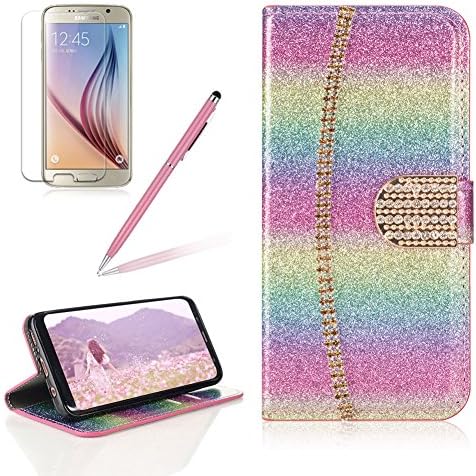 for Samsung Galaxy Note 8 Case,Girlyard Luxury Solid Colour Glitter PU Leather Wallet Diamond Magnetic Buckle with Credit Card Slots and Inner Soft TPU Case for Samsung Galaxy Note 8 -Rainbow Powder