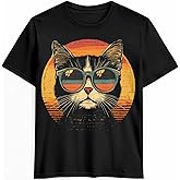 Men's T-Shirt Sunglasses Cat Graphic Tees Cotton Short-Sleeve Casual Tops Aniaml Printed T-Shirt