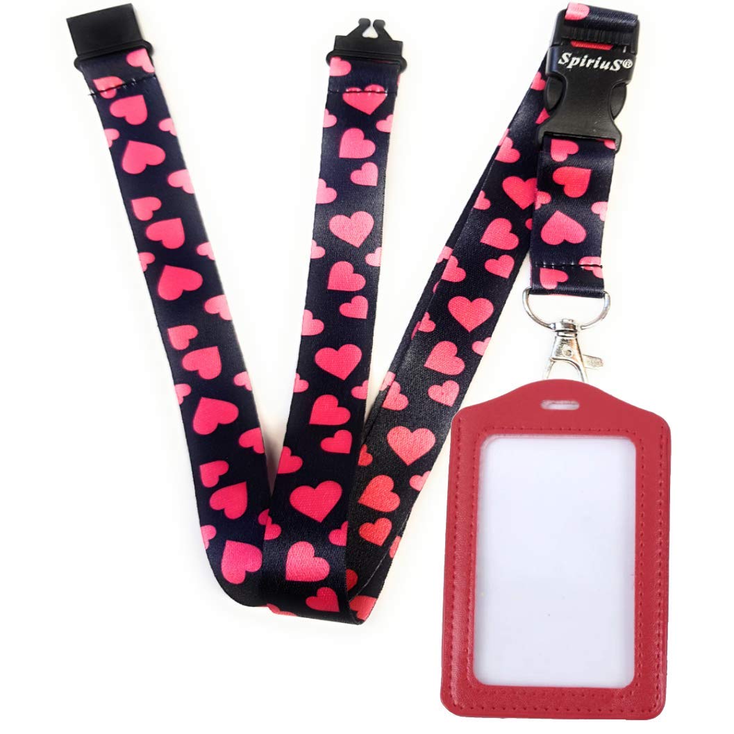 Spirius Original Flowers Lanyard Neck Strap & Red Leather Badge Holder (Pink Hearts)