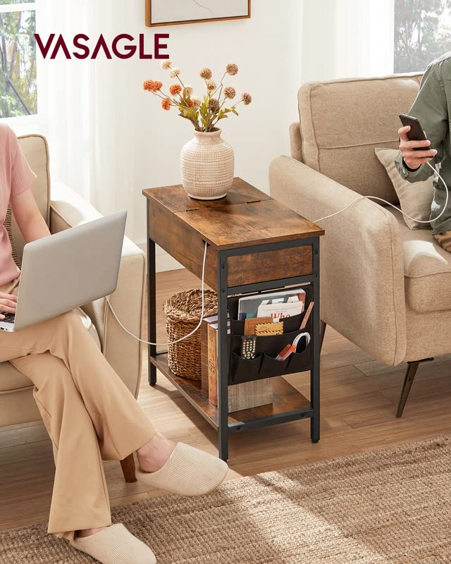 VASAGLE Side Table with Storage, End Table with USB Ports and Outlets, Nightstand with Charging Station, Fabric Bags, for Living Room, Bedroom, Rustic Brown and Black ULET310B01V1